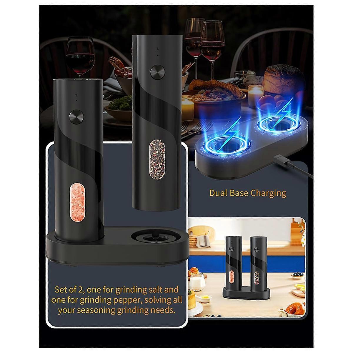 Electric Rechargeable Salt and Pepper Grinder Set Top-Refill Automatic Pepper Mill Grinder with Cha