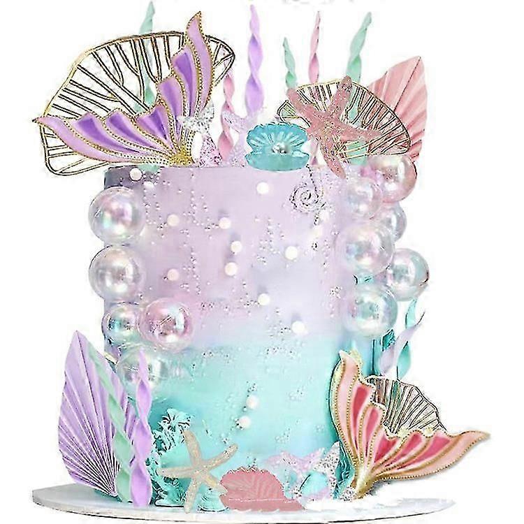 Mermaid Cake Topper, 30pcs Little Mermaid Cake Toppers, Mermaid Tails Seaweed Bubbles Shells and Golden Ginkgo Leaves Cake Set