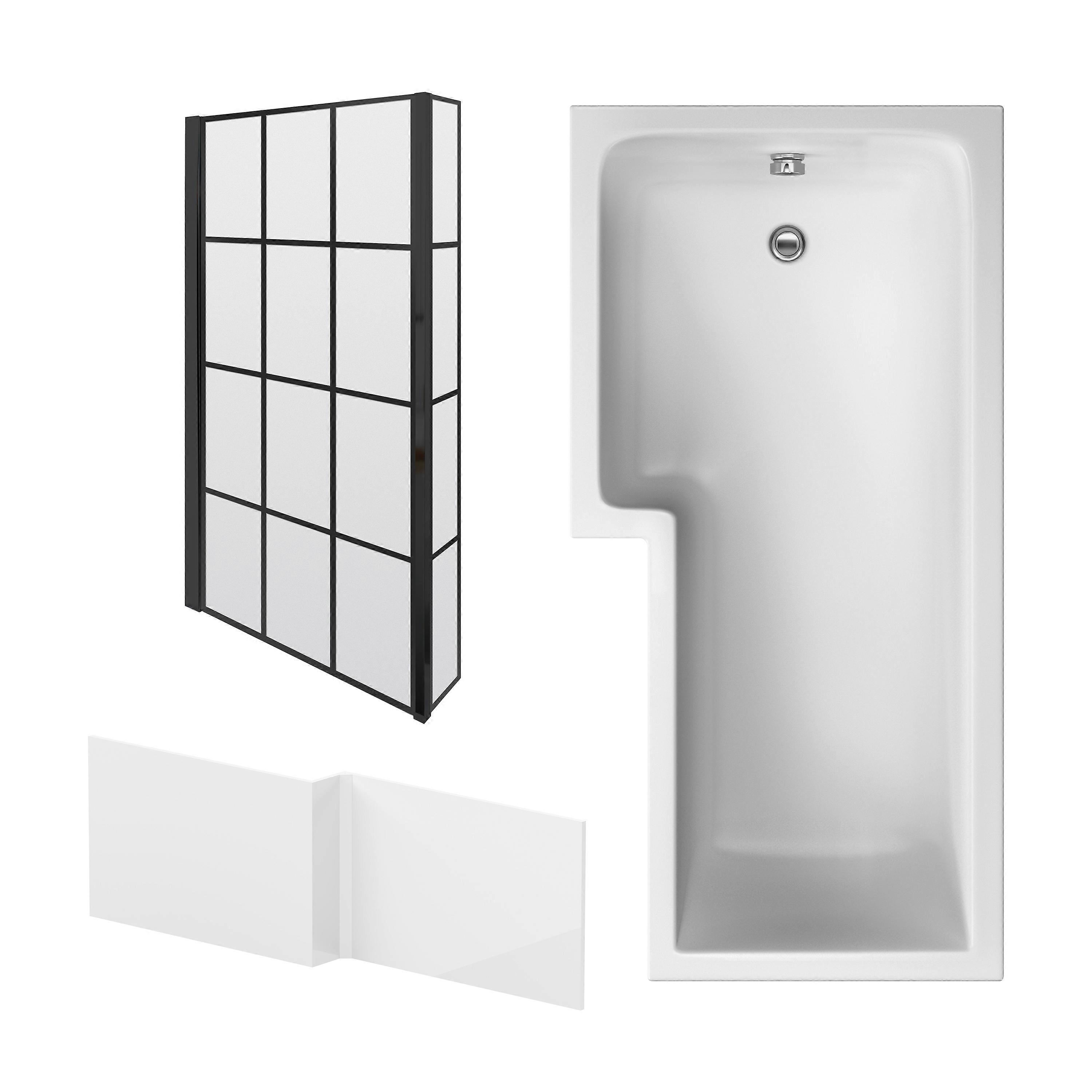 L Shape 1700x850 Shower Bath Set - Front Panel & Black Grid Fixed Return Screen, Left Hand
