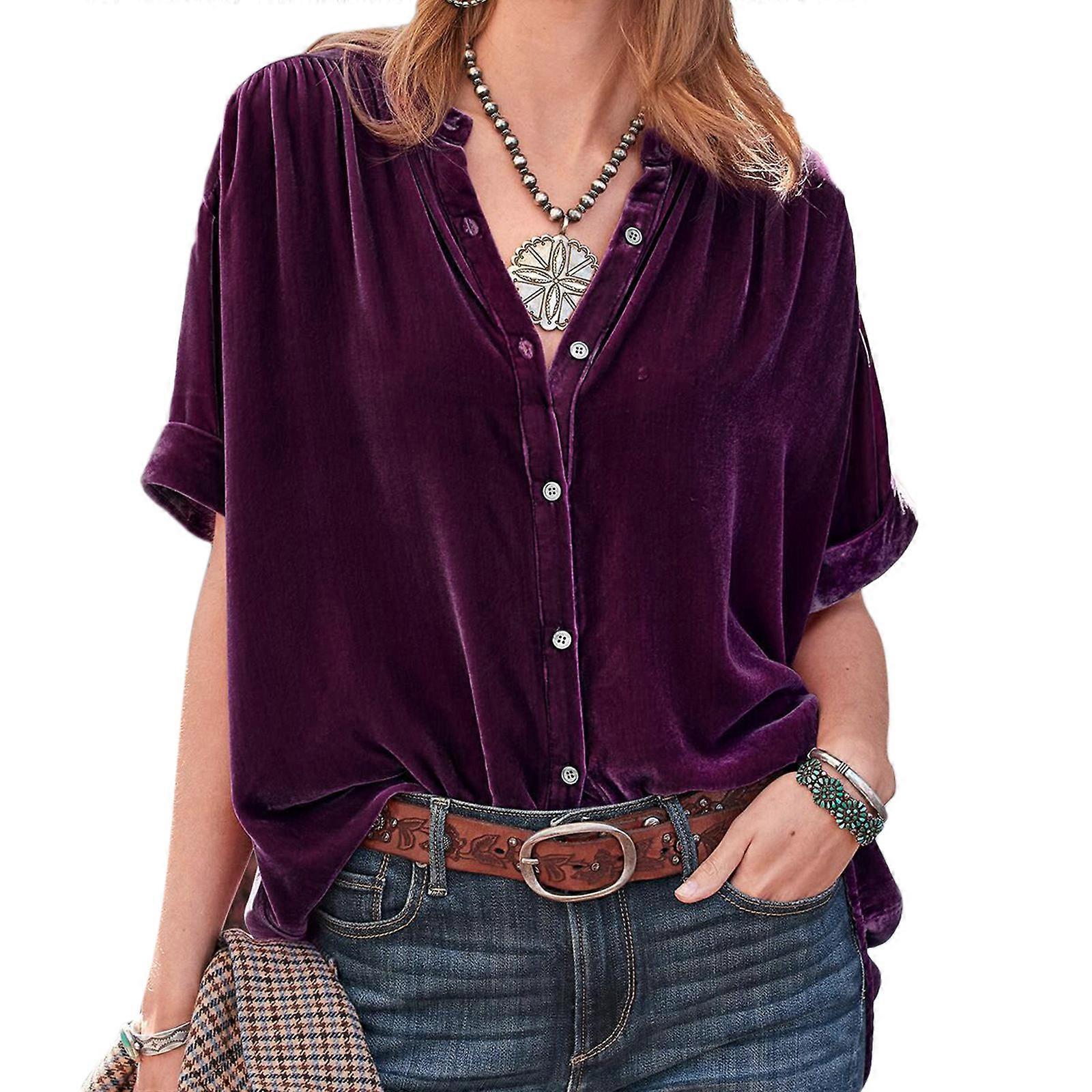 Camicetta manica corta da donna Camicetta abbottonata Camicie in velluto Camicette estive con scollo a V Camicette da lavoro sciolte Camicia superiore Viola XL