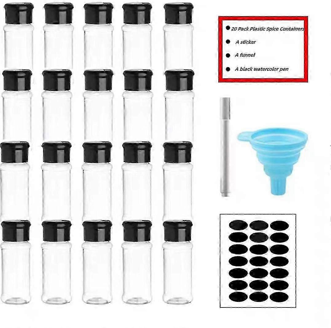 20 Pack Plastic Spice Containers, Clear Spice Jars With Shaker Lids And Labels, Empty Plastic Spice Bottles