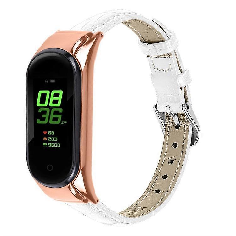 Compatible For Xiaomi Mi Band 7 Bamboo Grain Top Layer Cowhide Leather Buckle Design Watch Band with Rose Gold Watch Cover