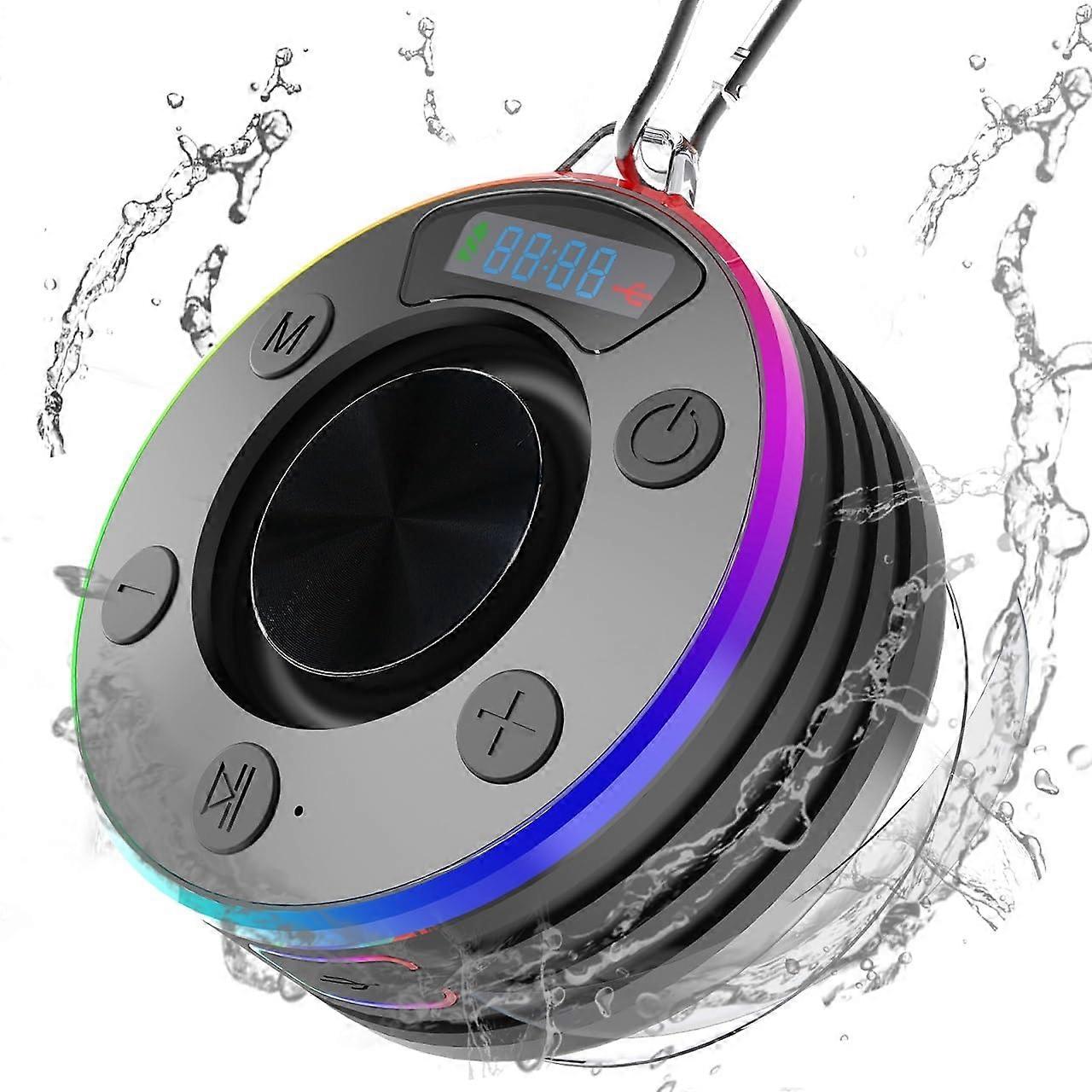 T7 V1 Bluetooth Shower Speaker with IPX7 Waterproof Rating, LED Light, FM Radio, Clock, and Time Modes for Canoeing and Beach Use