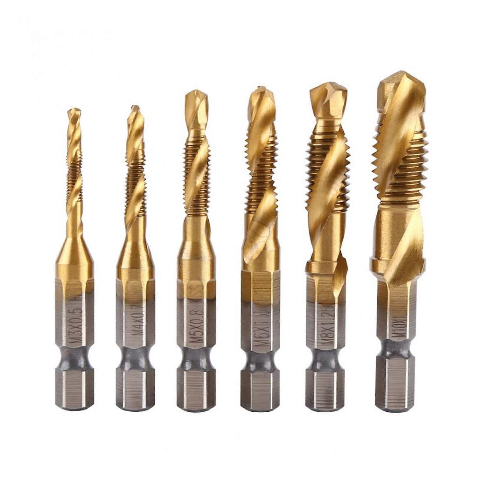 Metric Thread Tap Drill Bits Set 6pcs M3 to M10 HSS Tapping Tools with 1/4 Inch Hex Coated Shank for Screw Threading
