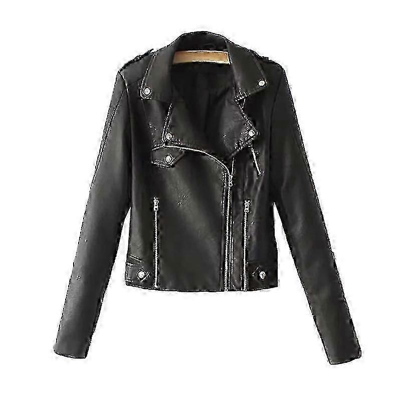 Lapel Long Sleeves Zipper Pocket Women Jacket Fall Winter Solid Color Faux Leather Motorcycle Jacket