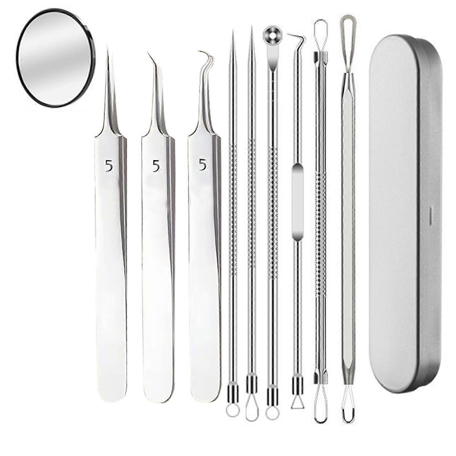 Blackhead Tools Kit, 10-Piece Stainless Steel Blackhead Remover Set with Tweezers and Magnifying Glass