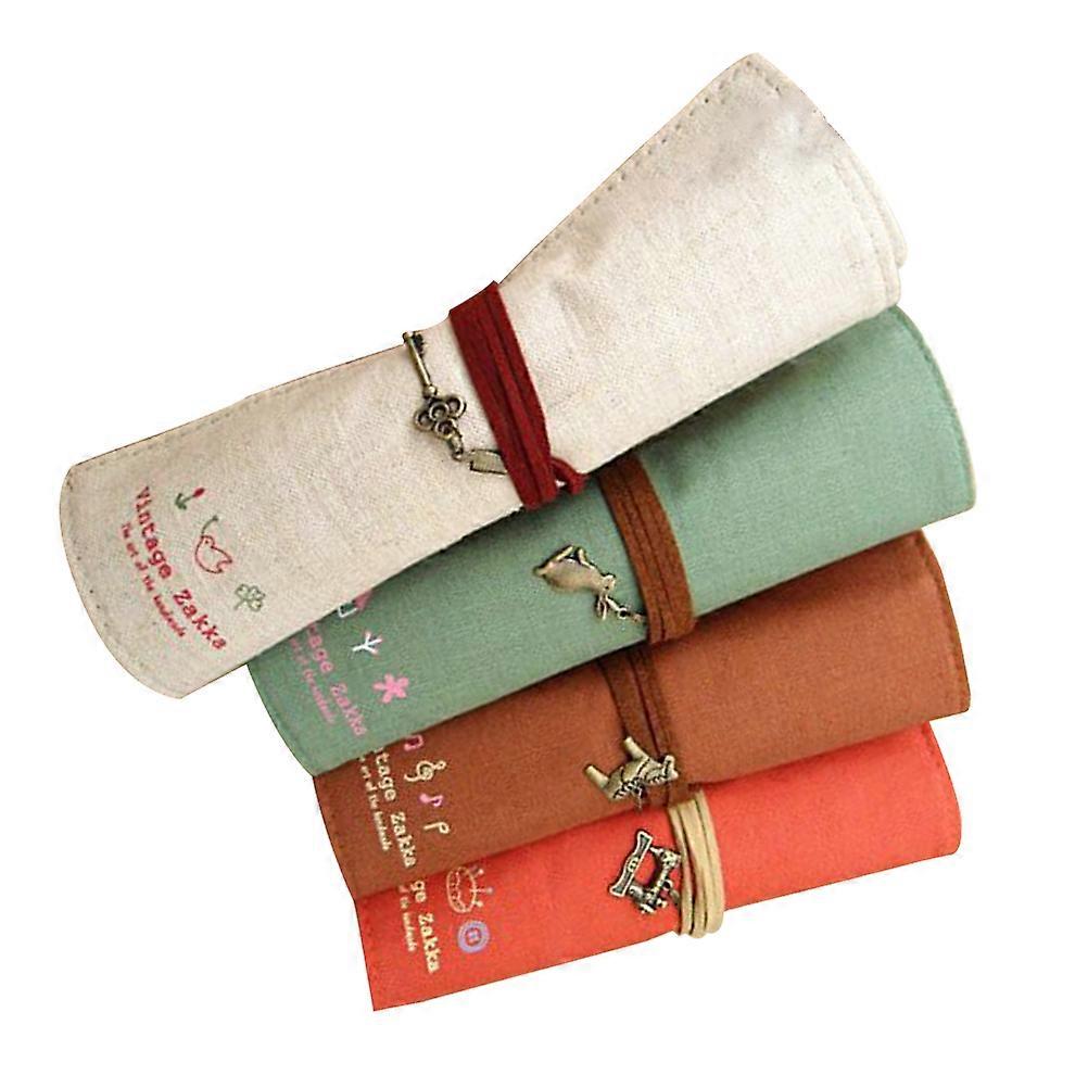 Retro Style Canvas Pen Roll, Practical Organizer for Kids, Sturdy Washable Material
