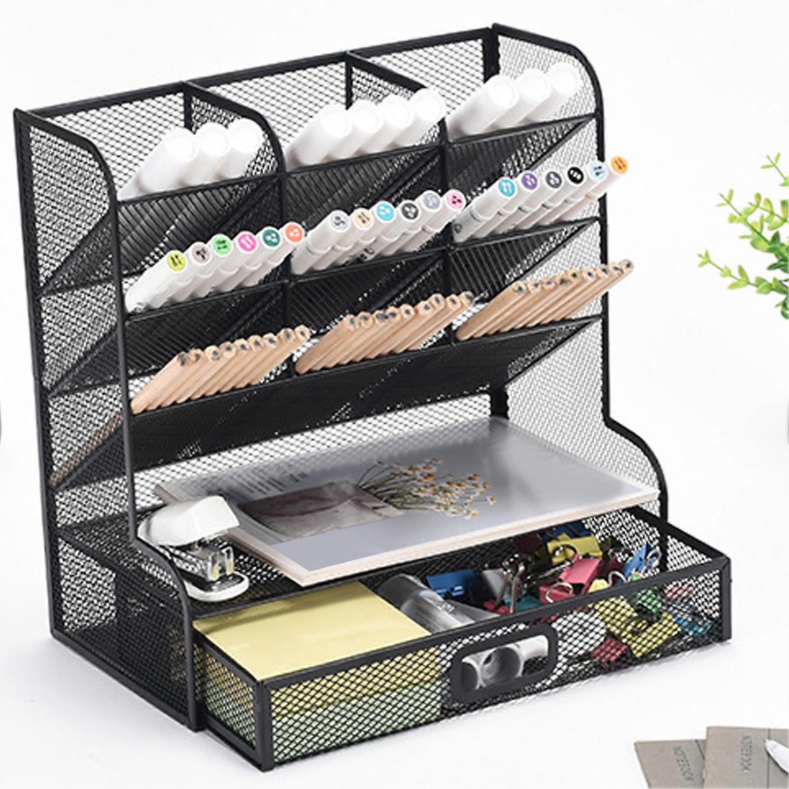 Desktop Stationary Organizer 9 Compartments Multifunctional Pen Storage Rack with Drawer 