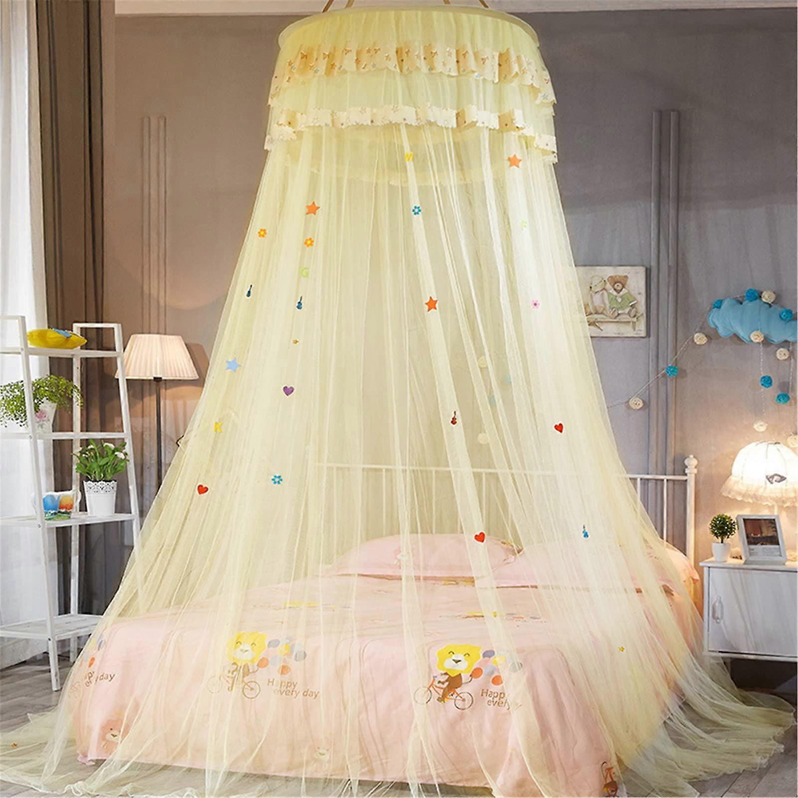 Mosquito Net for Bed, Dome-Shaped Canopy with Stars and Moon Design, 65x270cm, Fits Single, Double, King Size, Yellow