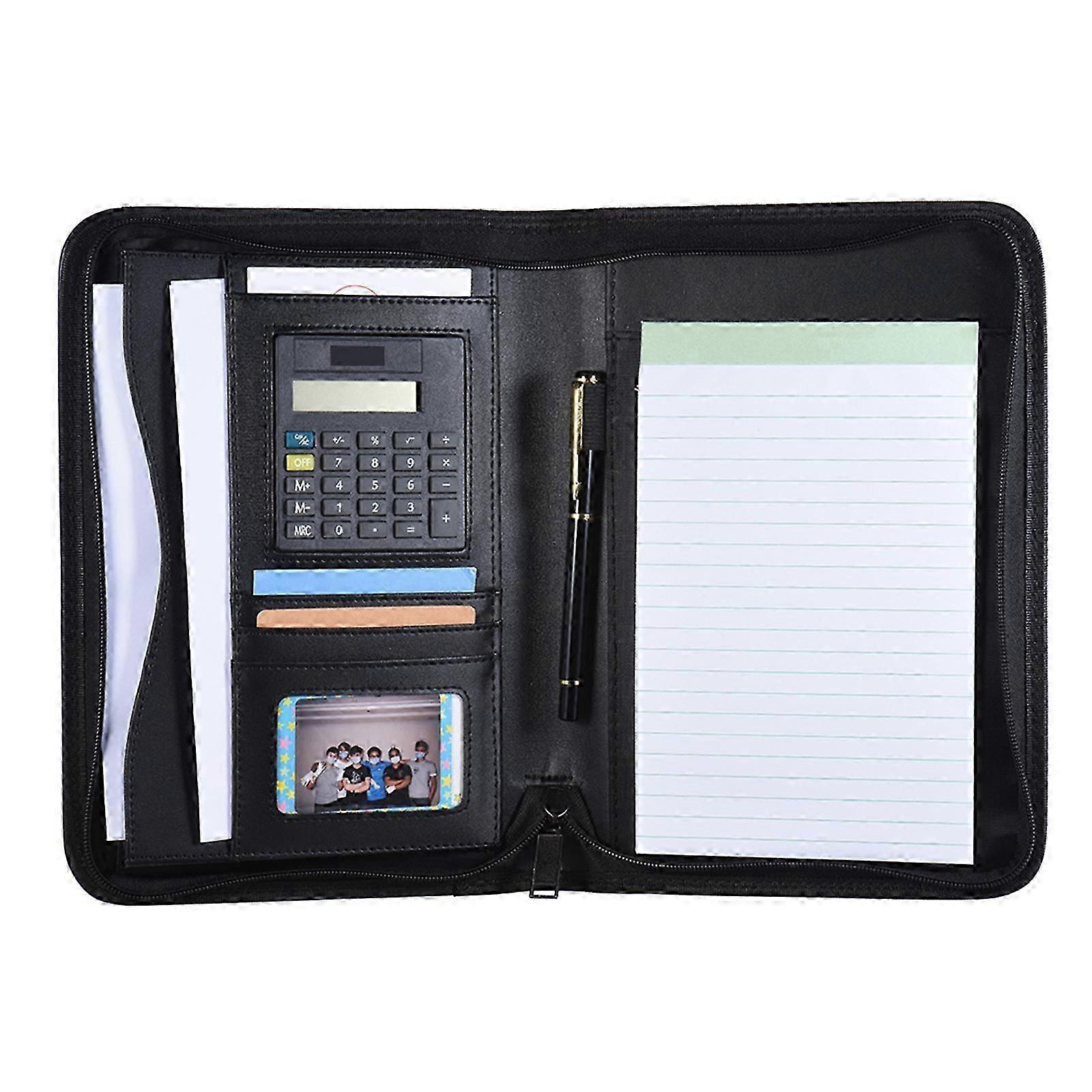 Portable Professional Business Portfolio Padfolio Folder Document Case Organizer A5 PU Leather Zippered Closure with Calculator Card Holder Memo Note