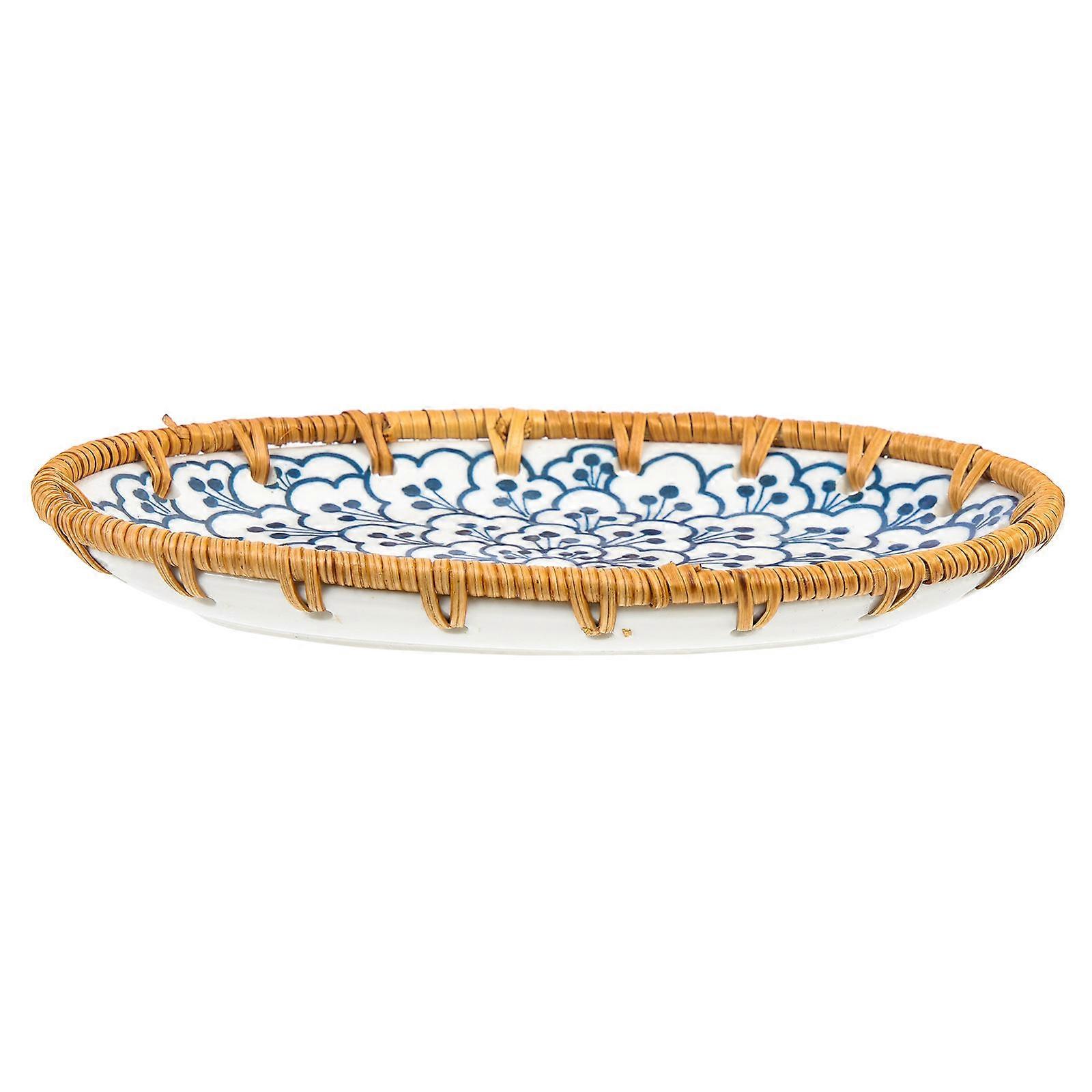 Square Ceramic Plate Natural Room Woven Imitation Rattan Rectangular Tray 1Pack
