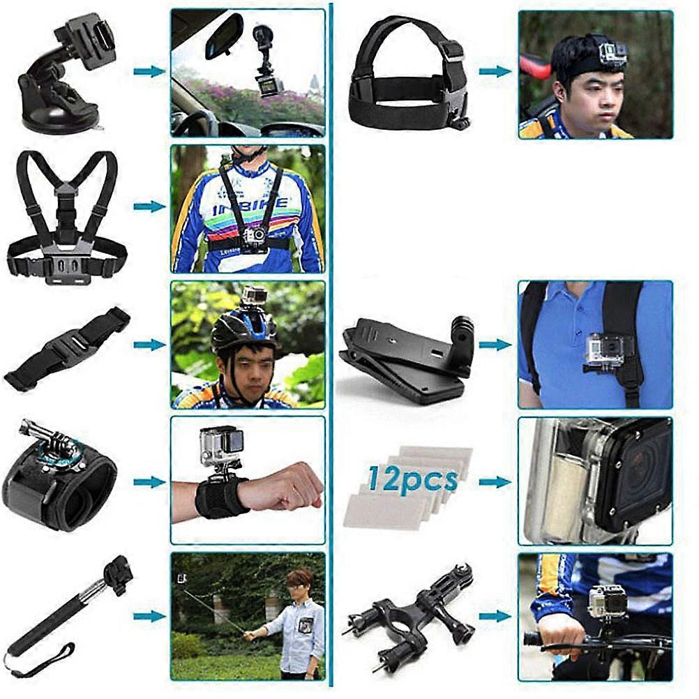 Selfie Tripod Action Camera Kit Outdoor Activities Black Plastic Quick Release 42Pcs