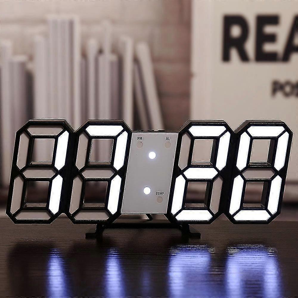 Stylish 3D LED Digital Table Clock with Alarm Function, Luminous Hanging Wall Clocks, 3D Stereo Wall Clock - Black Frame with White Text, Su