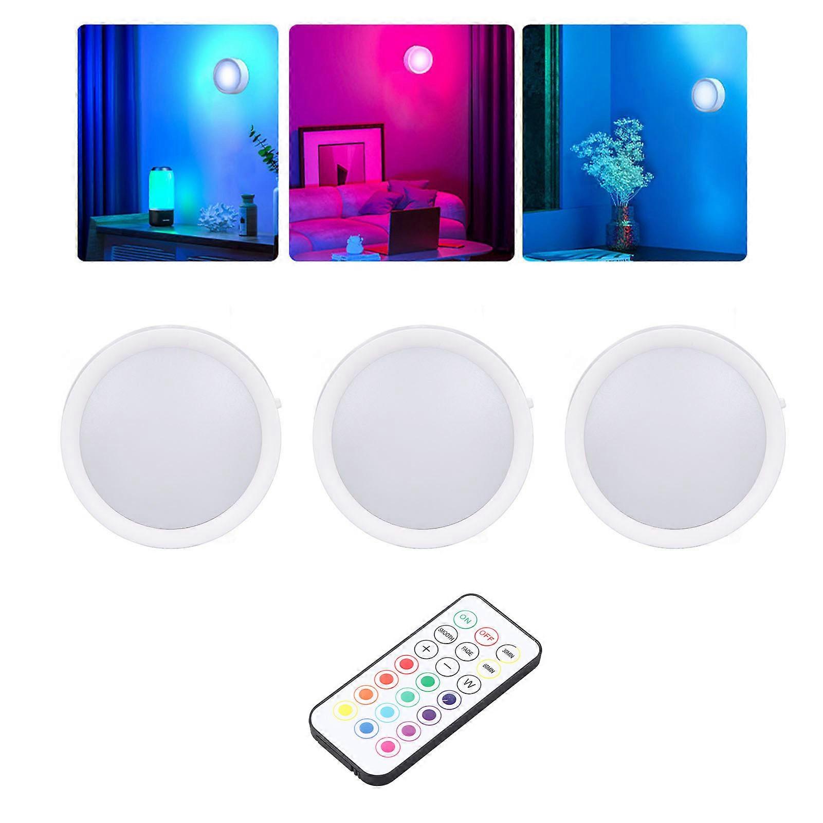 3 Pcs LED Puck Light 4 Colors Dimmable Timing Rechargeable Battery Operated LED Push Lamp with E26 Base Remote Control 