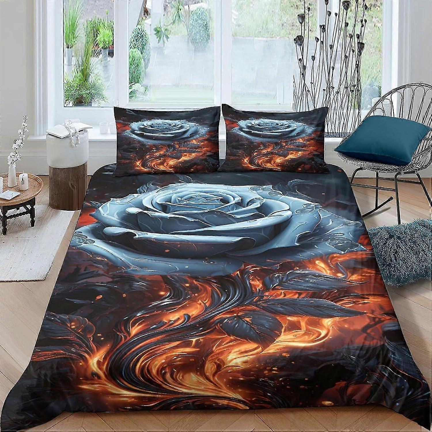 Blue Gold Rose Quilt Cover 3D Printing 3 Piece Set With 2 Pillowcases Easy Care Bedding Sets Microfiber Design