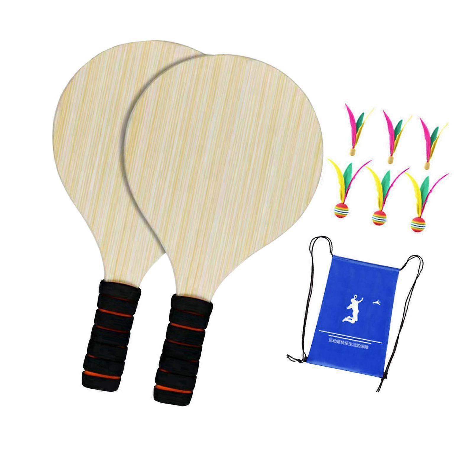 Badminton Wooden Paddles Set with 2 Rackets for All Ages Sponge Handle Cover