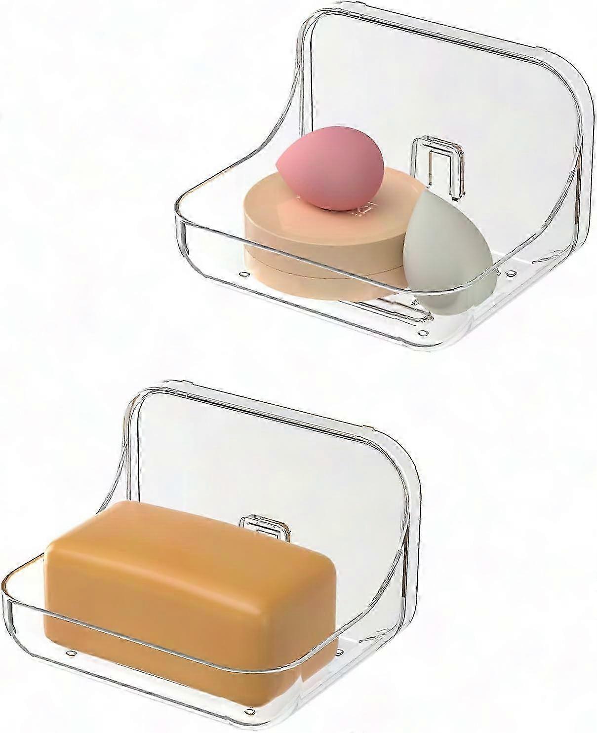 2 عبوة واضحة PET حامل صحن الصابون ، مثبت على الحائط منظم إسفنجي لصابون الاستحمام ذاتي اللصق للمطبخ والحمام