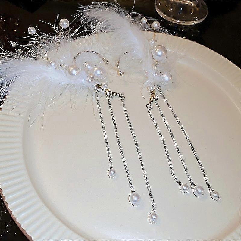 Feather Pearl Tassel Ear Cuff - White Clip On Earrings