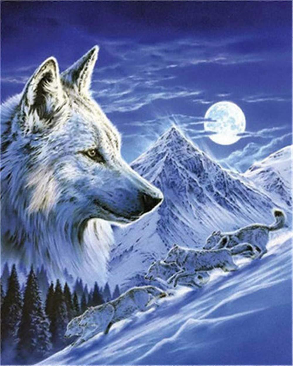DIY Oil Painting by Numbers for Adults and Children, Snow Wolves in Snowy Mountain Moonlit Scene, Unframed Wall Art
