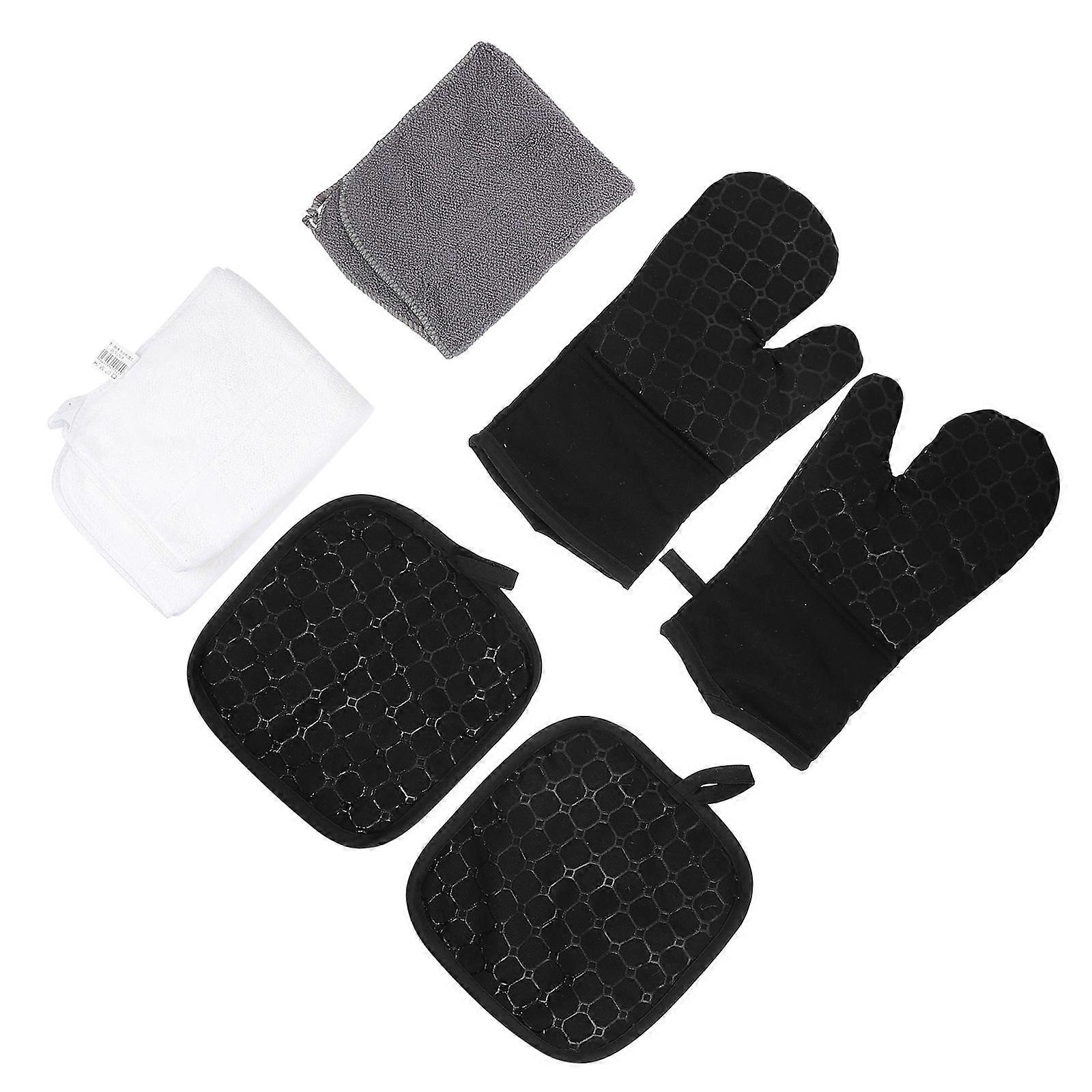Oven Mittens And Towels Set Ideal For Cooking Baking And Serving 6Pcs Black Heat Resistant Mats Designed For Comfort And Safety