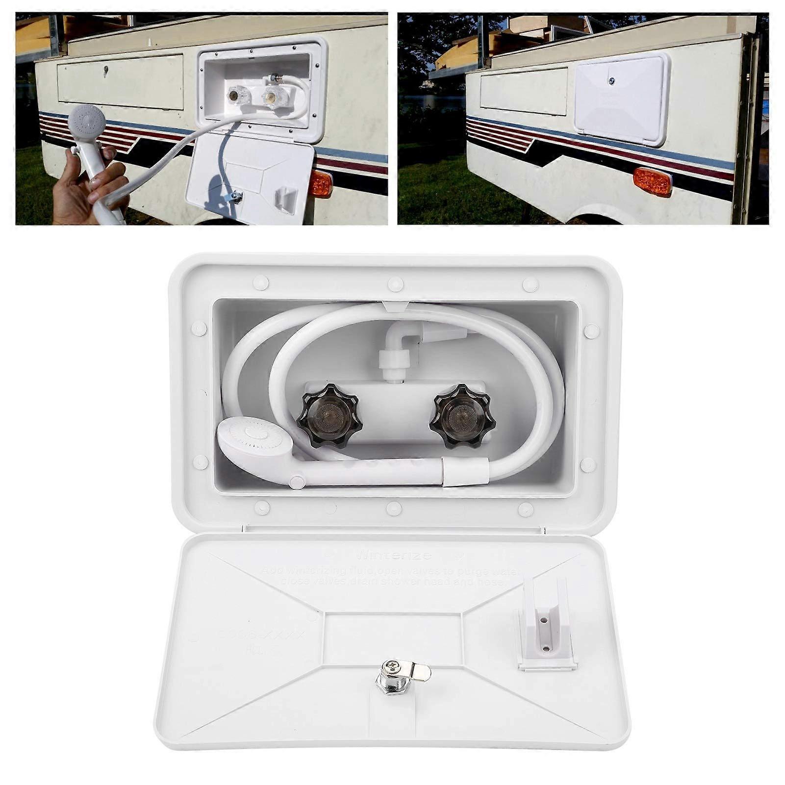 RV Outdoor Shower Box Kit with Locking Faucet, Hose, and Accessories for Camper, Motorhome, Travel Trailer, and Boat