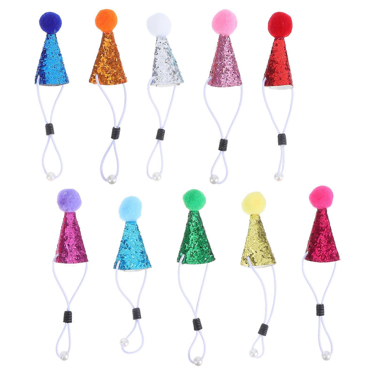 Mini Party Hats 10Pcs Assorted Color Pet-Sized Charm Cone Party Hats with Pom Poms for Home Use