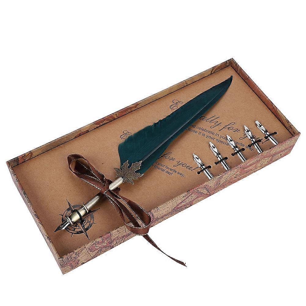 European Retro Quill Alloy Feather Writing with Pen Nibs Gift Box Set for Friend Dark Green