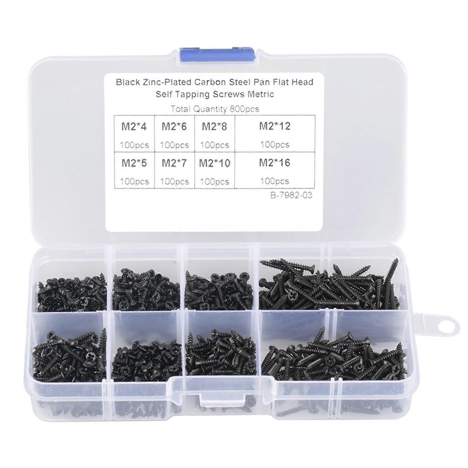 800pcs M2 Black Carbon Steel Countersunk Flat Cross Head Self Tapping Screws Set