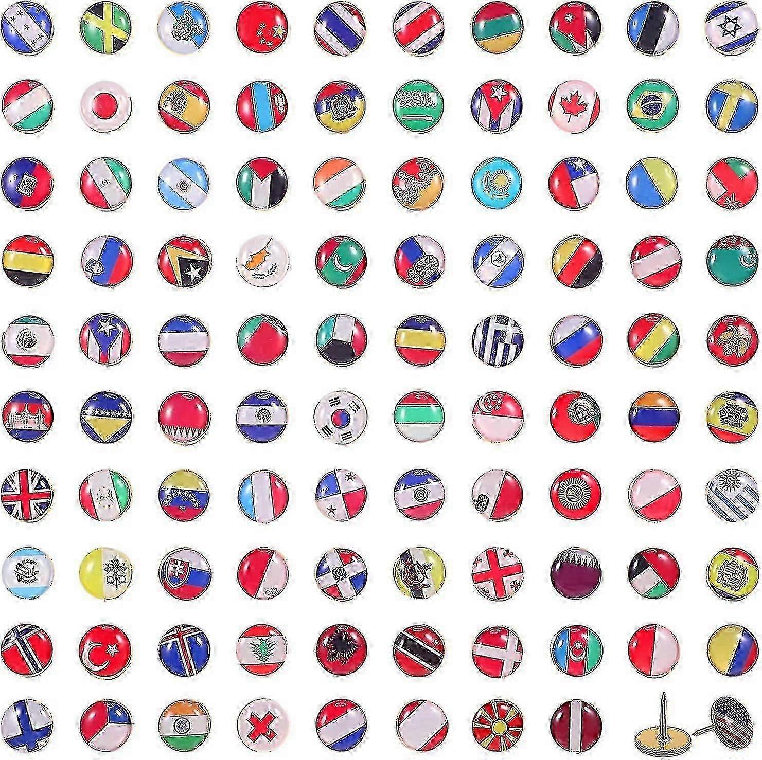 100-Piece World Flag Thumbtacks Set for Office Maps and Bulletin Board Decoration - Assorted Countries