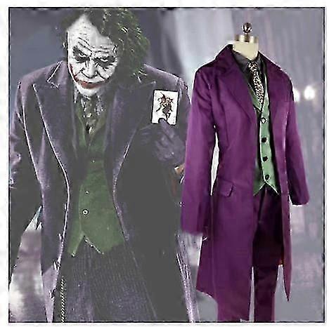 yüksek kaliteli Heath Ledger Cosplay Takım Elbise Cadılar Bayramı erkek Film Kara Şövalye Joker Kostüm Mor Ceket Tam setler