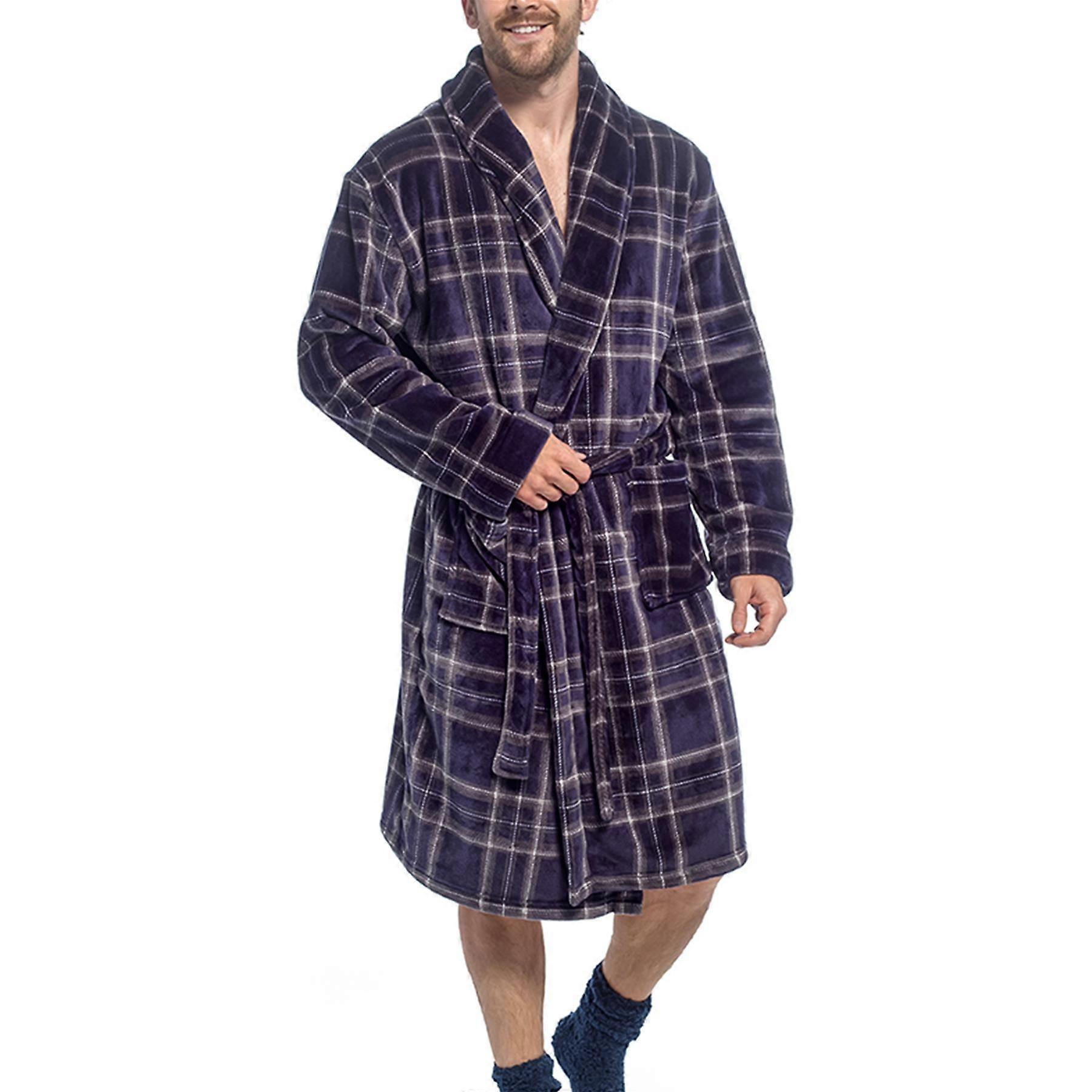 A2Z Mens Fleece Check Gown Black Navy Soft Warm Bathrobe with Belt and Pockets