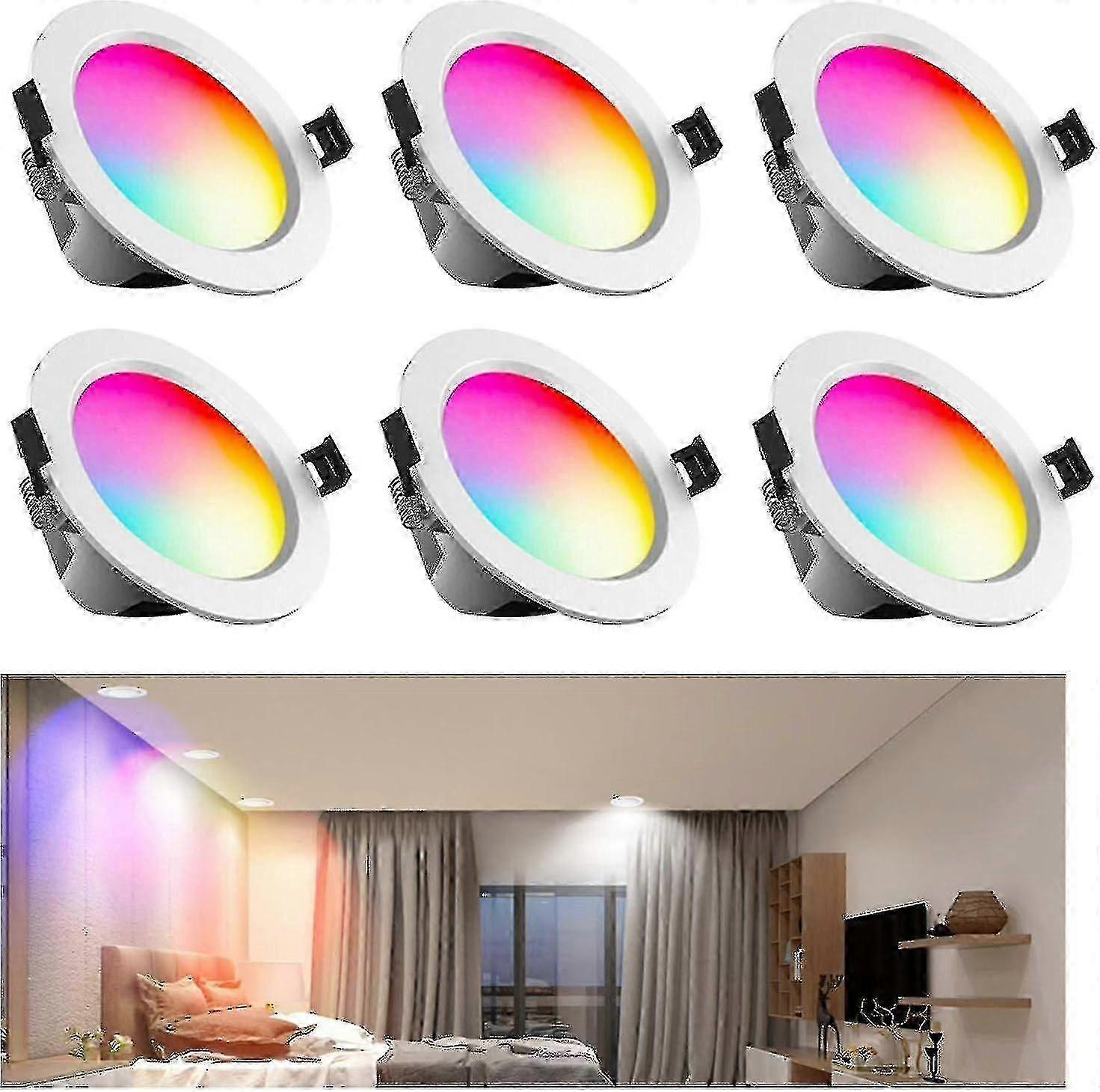 6 عبوات RGB + CCT مصابيح سقف ذكية مريحة - إضاءة سقيلة قابلة للتعتيم بلوتوث 10 واط مع تصنيف IP44 (انقطاع 70 مم)_MM2