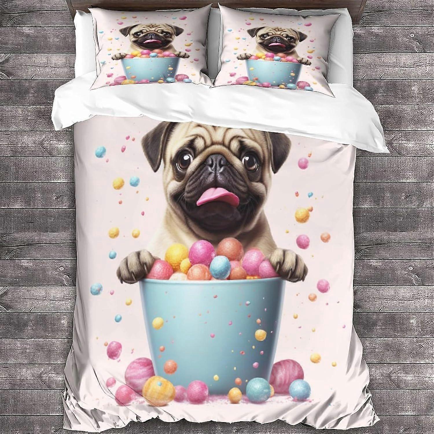 مجموعة غطاء لحاف LikeEj PUG مجموعة فراش 3 قطع ، ستوكات ناعمة 3D نمط غطاء لحاف إغلاق سحاب مع أكياس وسادة