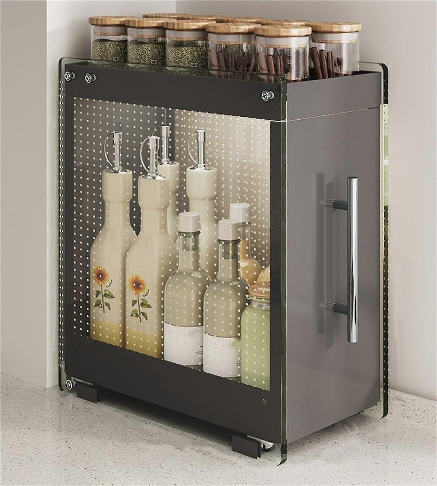 Spice Rack Organizer with Smooth PullOut Design, TwoTier Glass Sides, Black 19x30x35cm
