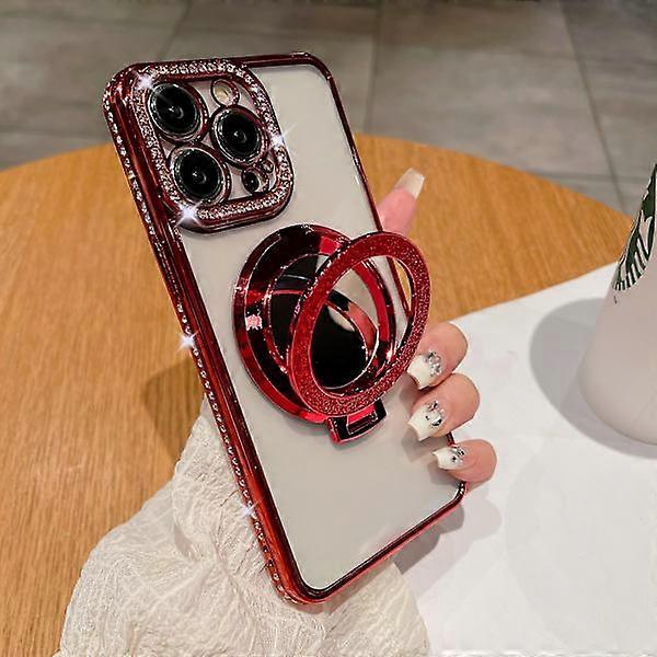 RYI_Transparent Magnetic Glitter Flip Makeup Mirror Holder Phone Case Compatible with iPhone 16 15 14plus Promax red for compatible with iPhone 15
