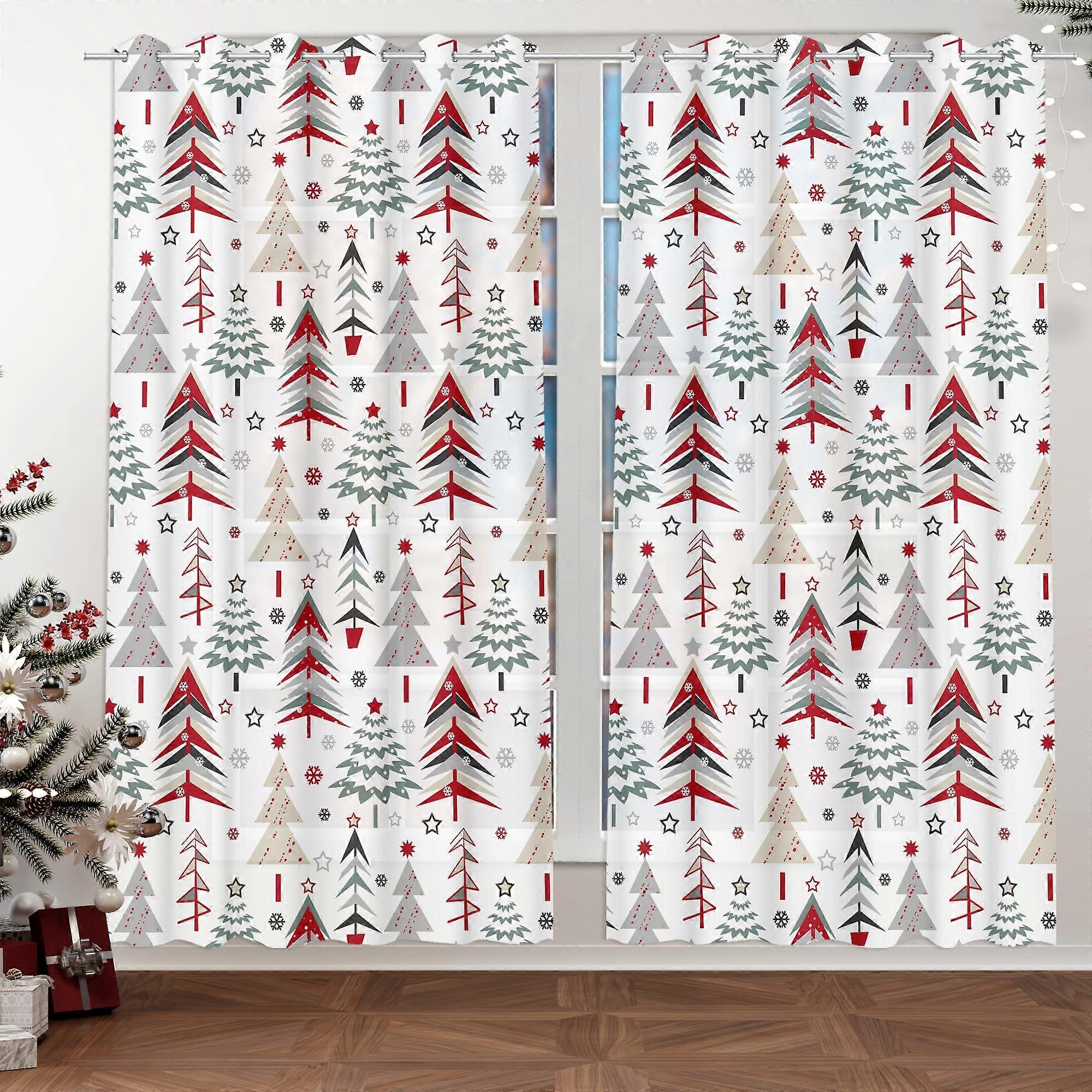 Christmas Curtains 52x84 Set with Festive Tree Design, Light Filtering Holiday Window Drapes