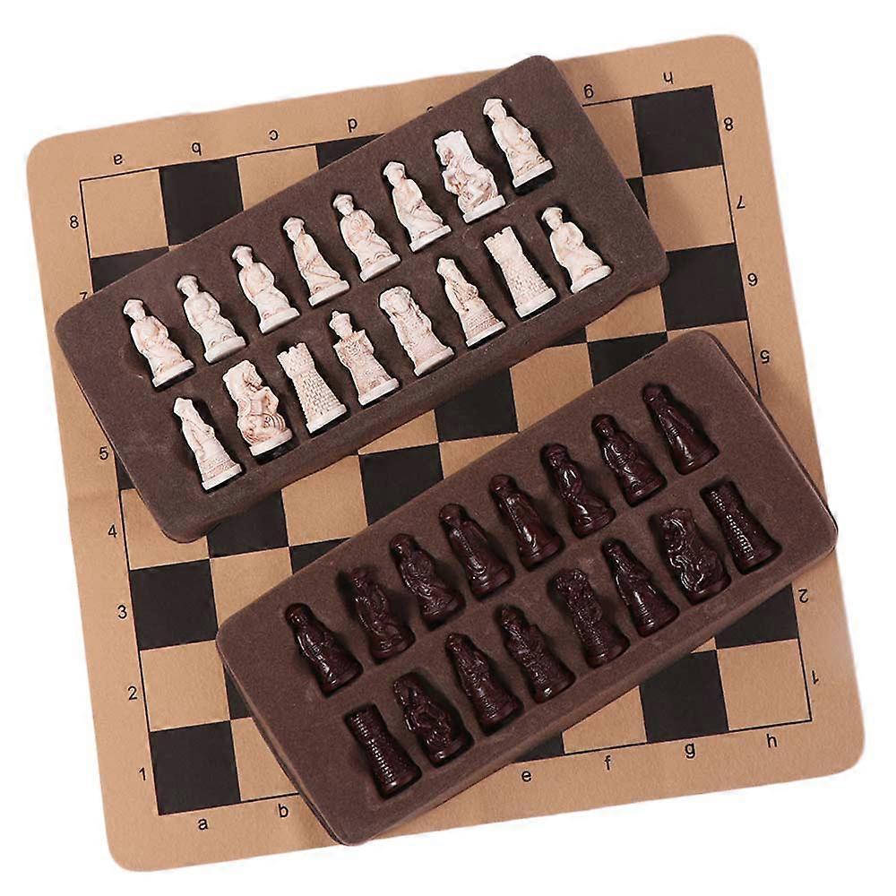 Pi��ces d'��checs antiques en r��sine, trompette r��aliste, personnage chinois ancien, jeu d'��checs, divertissement, ��chiquier en cuir