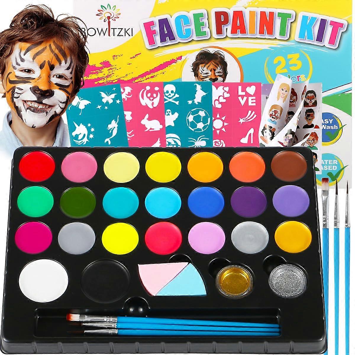 Face Paint Kit for Kids 23 Colors NonToxic Water Based Set with Stencils and Brushes for Parties