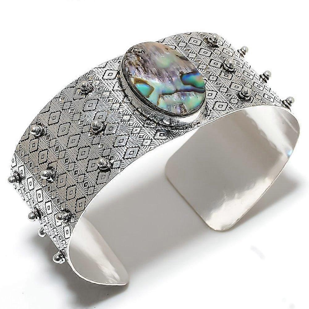 Natural Abalone Shell Gemstone 925 Sterling Silver Cuff Bangle Adjustable A4d92