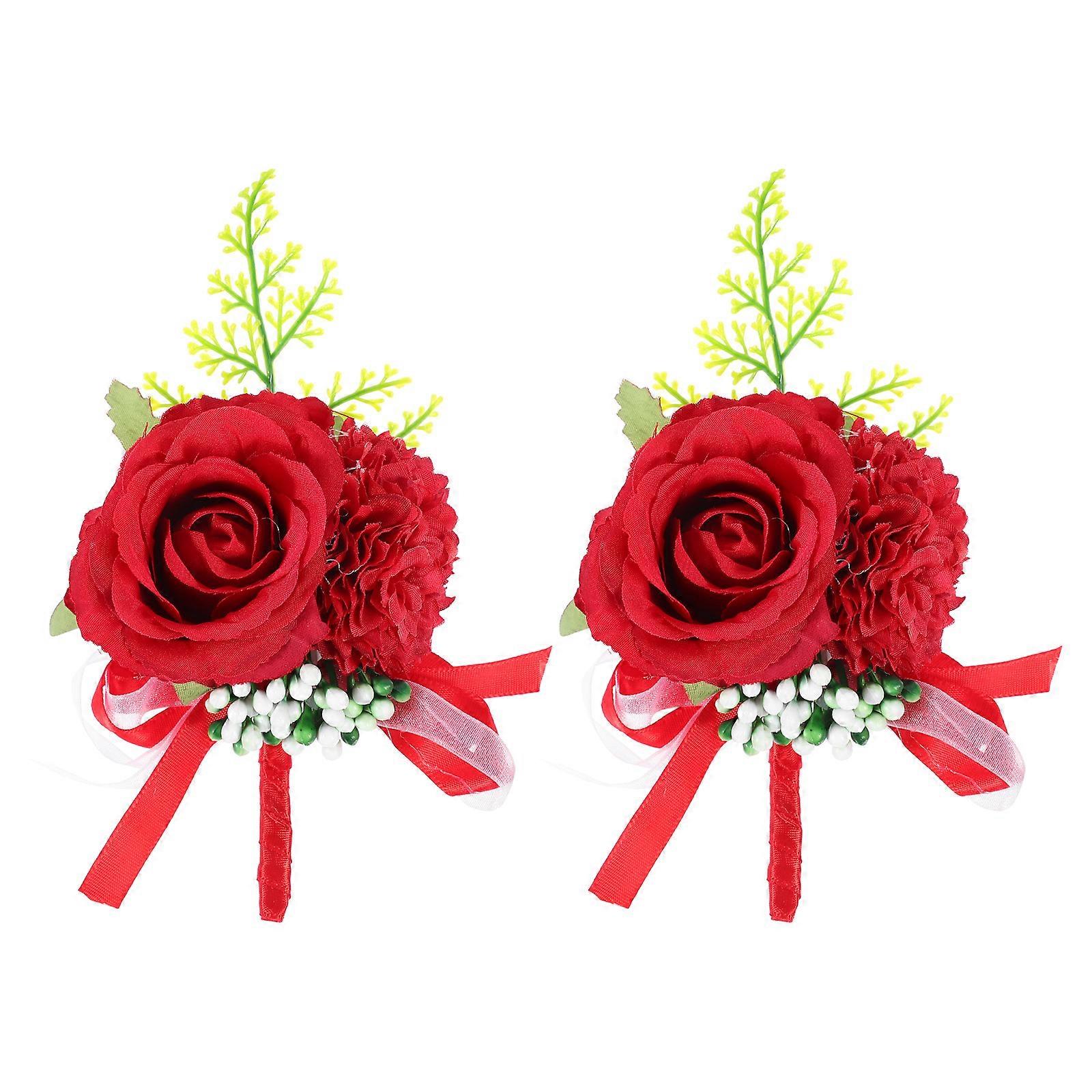 Simulation Flower Corsage Wedding Brooch for Decor 2Pcs Red Polyester