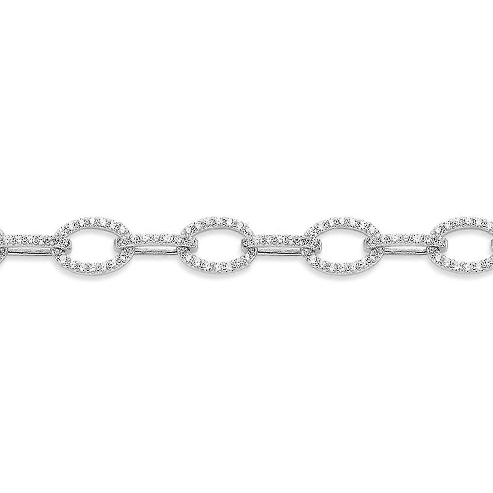 Jewelco London Ladies Rhodium Plated Sterling Silver Cubic Zirconia Flat Oval Belcher Link Bracelet, 7.5"