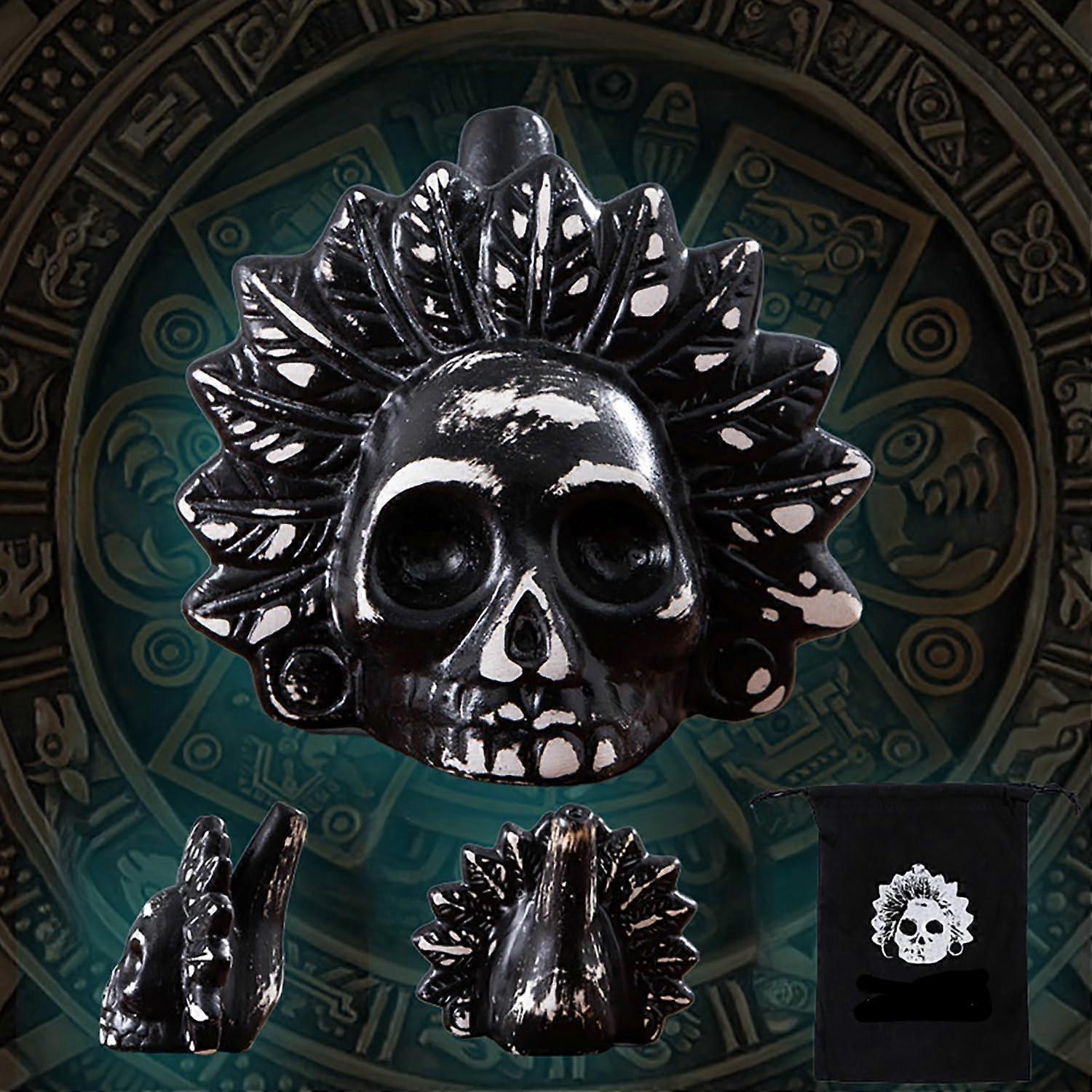 Authentic Ceramic Aztec Death Whistle with Piercing HumanLike Screams, Black and White