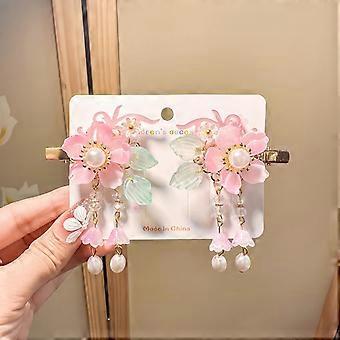 Vintage roze bloem haarclips - 2 stuks Sakura alligator haarclips met kwastje en parels, haarspelden in Chinese stijl met glazen franje, bruidshaarspeld, Chinees haar