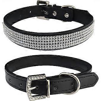 Collier basique réglable pour chien et chat, orné de strass brillants, en cuir PU avec boucle en strass (L (longueur 15''-18''), noir)