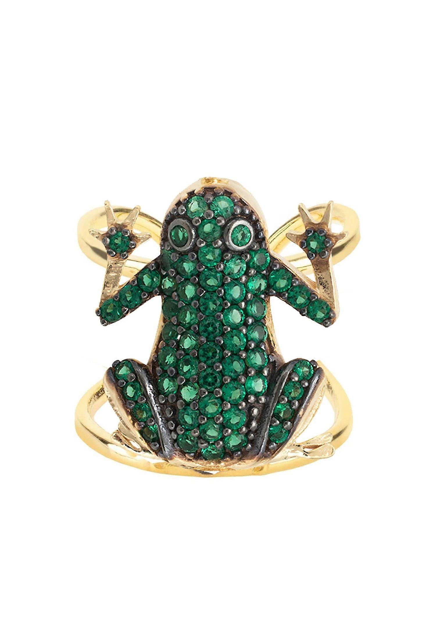 Latelita Adjustable 925 Sterling Silver Dipped 18ct Gold Frog Prince Cocktail Ring for Women with Emerald Green Zircons