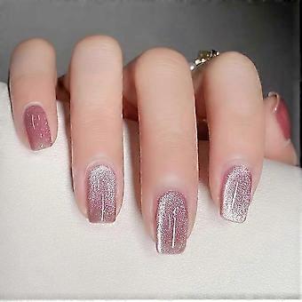 Pink Cat Eye Press-On Nails: Square Glossy Glitter Full Cover Reusable 24PCS