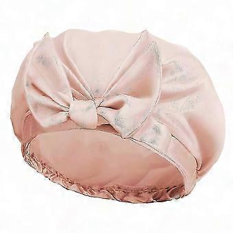 Extra Large Shower Cap for Women, Bowknot Double Layer Reusable Silky Satin Bath Hair Cap for Spa, Travel & Home Use (Beige)