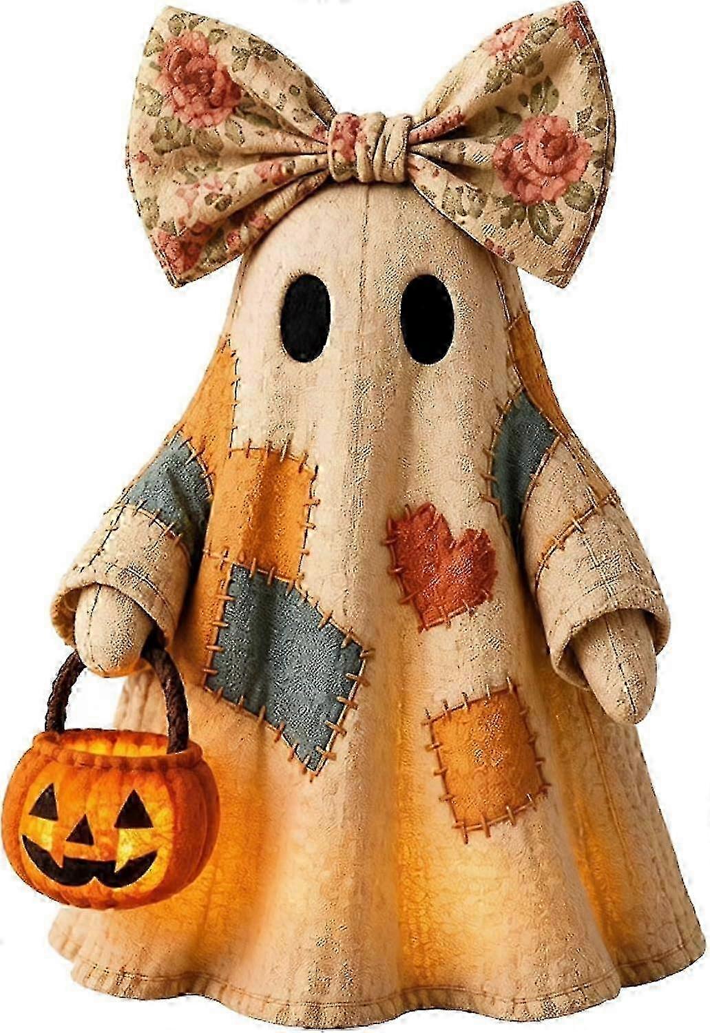 Rustic Fall Decor: Lighted Vintage Patchwork Ghost Lamp Featuring Pumpkin Lantern - Halloween Figurine