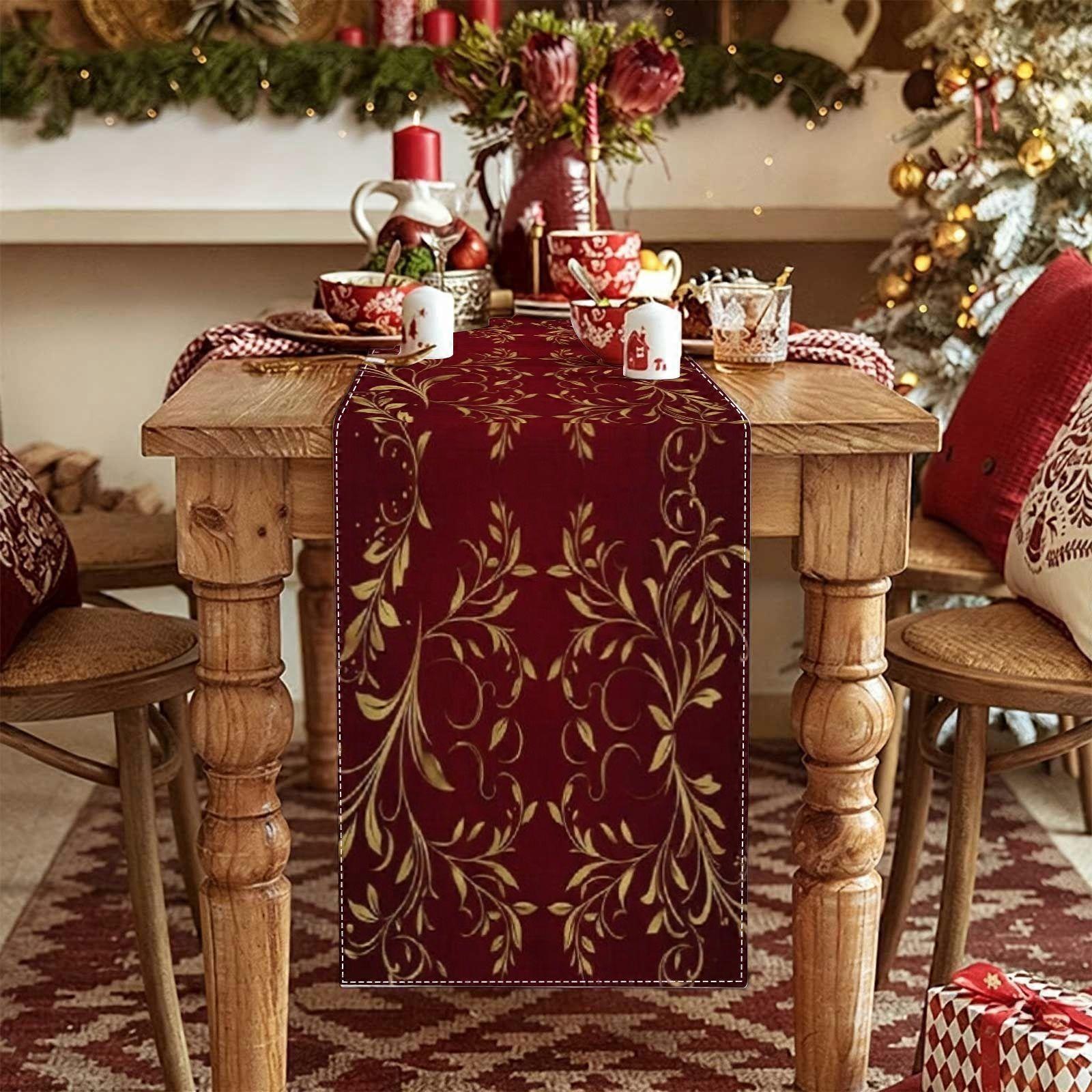 Burgundy Table Runner with Gold Botanical Vine Print