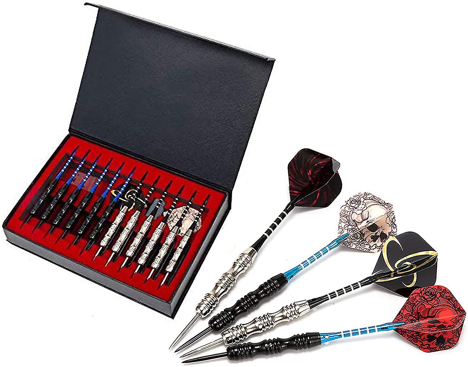Steel Tip Darts Set 12 Pack 22 Grams With Nonslip Iron Barrel Aluminum Dart Shafts 2 Style Flights And Darts Sharpener, Gift Box